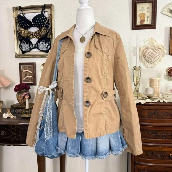 preppy classic girly grunge tan button up twee jacket w chunky buttons - Picture 3 of 6